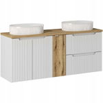 BIAŁA szafka pod umywalkę 140 cm NOVA WHITE z 81-20 OAK oraz umywalkami