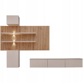 Meblościanka GUSTO PW B - zestaw RTV z LED - KASZMIR + lamele DĄB ARTISAN