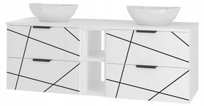 Szafka łazienkowa WOOD z 2 umywalkami, regałem i blatem 140 cm BIAŁA
