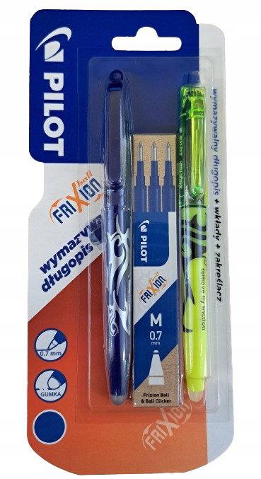 DŁUGOPIS WYMAZYWALNY NIEBIESKI PILOT FRIXION + WKŁADY 3szt 0.7mm+ZAKREŚLACZ