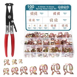 HSEAMALL Zestaw 100 Opasek Zaciskowych Sprężynowych 6–22 mm + Szczypce