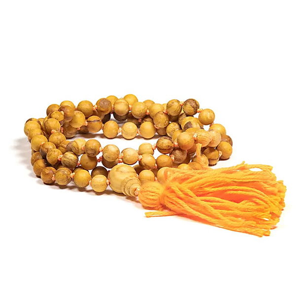 Buddyjska Mala Rudraksha 108 koralików Palo Santo z koralikiem Guru + węzły