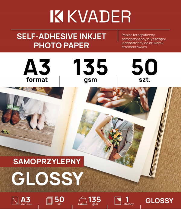 A3 PAPIER SAMOPRZYLEPNY FOTO BŁYSZCZĄCY 50 szt DO DRUKARKI ATRAMENTOWEJ