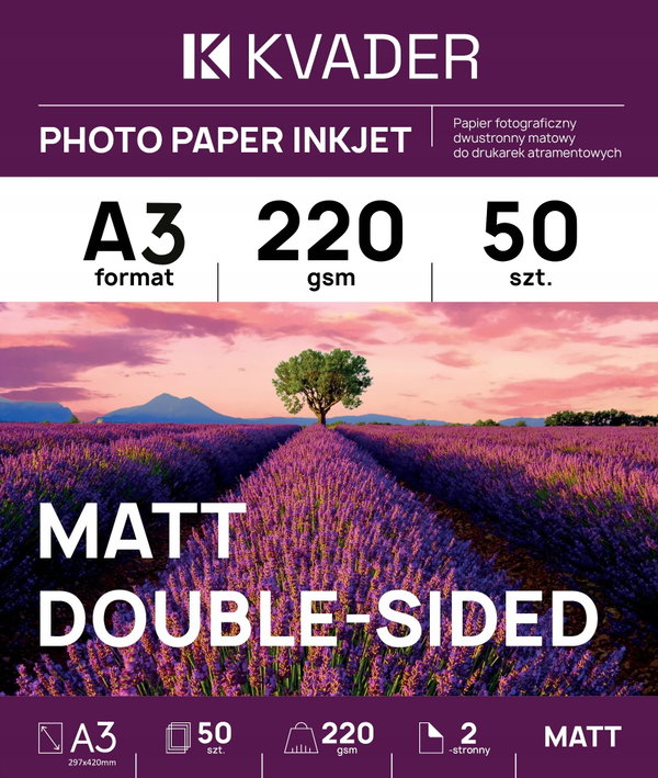 A3 PAPIER FOTOGRAFICZNY DWUSTRONNY MAT 220g 50szt DO DRUKARKI ATRAMENTOWEJ
