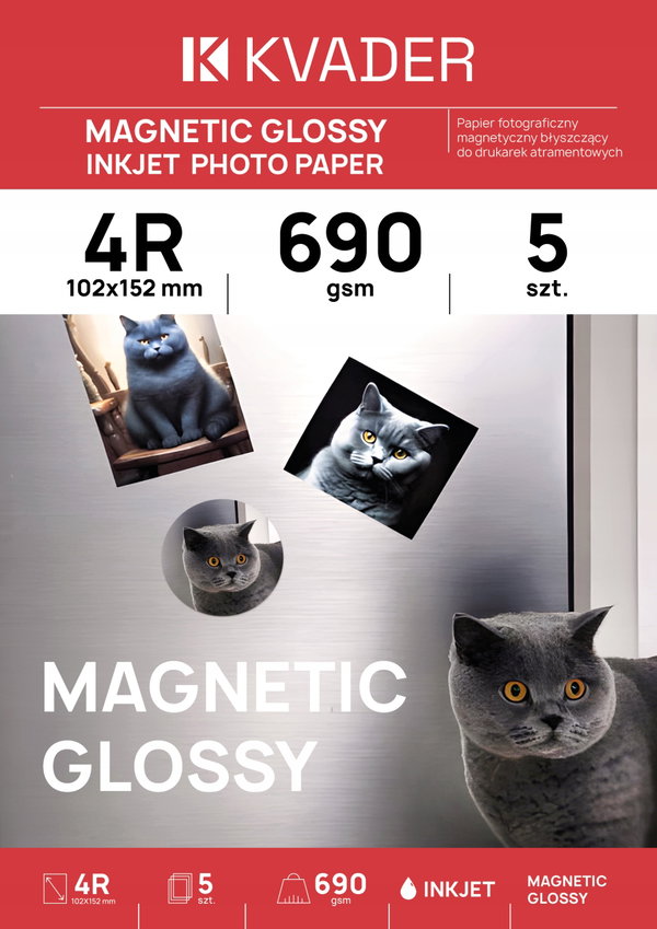 KVADER Papier magnetyczny fotograficzny błyszczący 4R (102x152mm) 690g 5szt