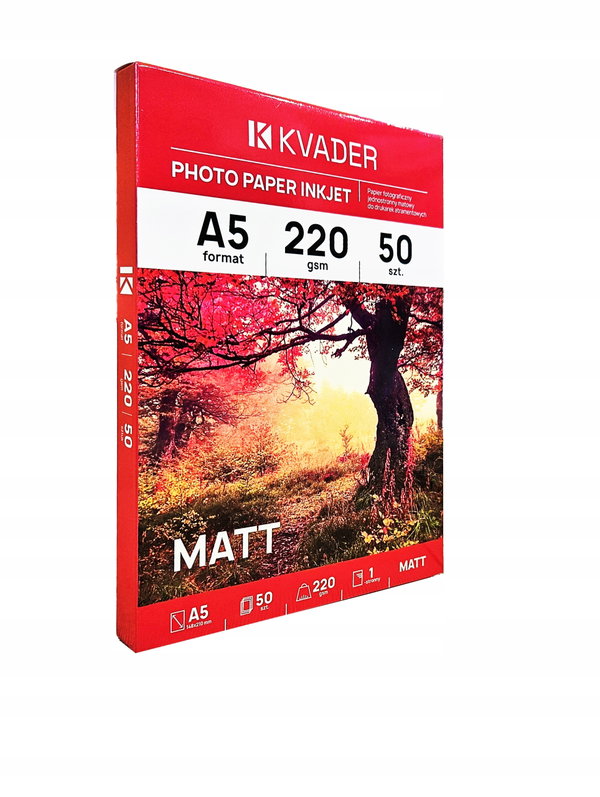 PAPIER FOTOGRAFICZNY A5 DO ZDJĘĆ 148x210mm MATOWY 220g INKJET 50szt KVADER
