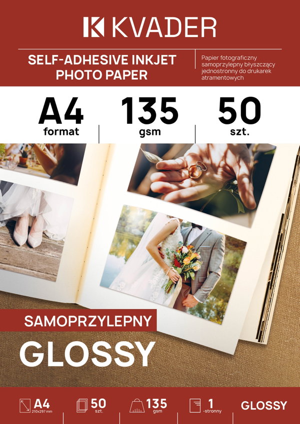 A4 PAPIER DO ZDJĘĆ FOTO SAMOPRZYLEPNY DO DRUKARKI ATRAMENTOWEJ BŁYSK 50szt