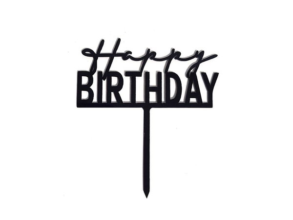 Topper akrylowy na tort, Happy Birthday, czarny, 14 cm x 10 cm