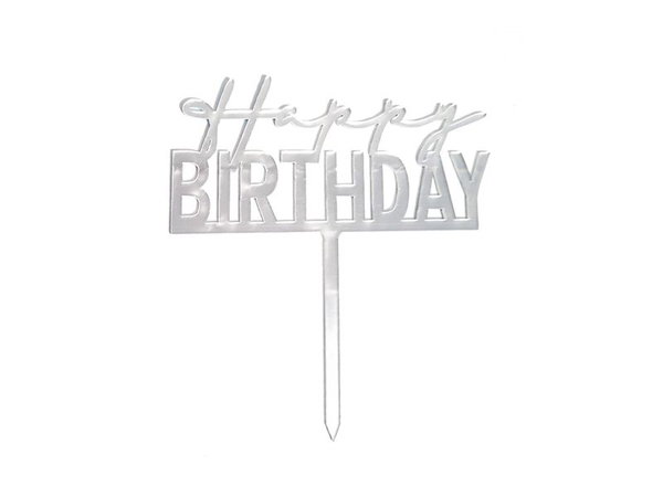 Topper akrylowy na tort, Happy Birthday, srebrny, 14 cm x 10 cm