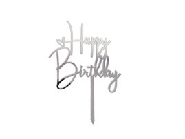 Topper akrylowy na tort, Happy Birthday z serduszkiem, srebrny, 14 cm x 10 cm