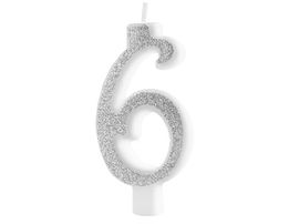 Świeczka urodzinowa cyfra "6", srebrna z brokatem