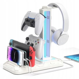 STOJAK NA SŁUCHAWKI PADY LED 9 TRYBÓW 2X USB 1X USB-C STACJA ŁADUJĄCA BIAŁA