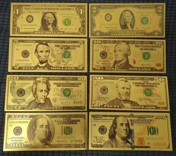 Zestaw 8 Kolekcjonerskich Złotych Banknotów Dolarów Amerykańskich blikshop