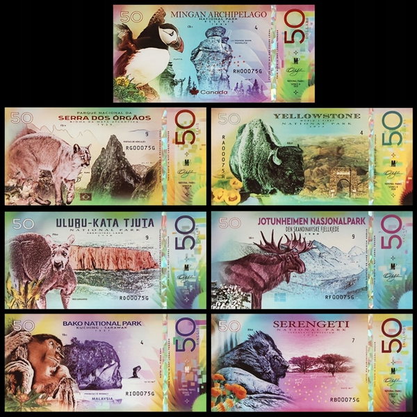 Zestaw 7 Banknotów Kolekcjonerskich Parki Narodowe Świata UNC prezent