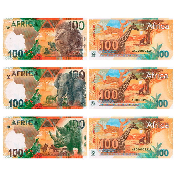 Zestaw banknotów kolekcjonerskich AFRICA 100 Lew Słoń Nosorożec UNC 
