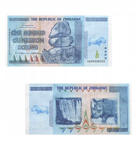 Banknot Zimbabwe 100 Kwintylionów Dolarów Unikat UV UNC blikshop 