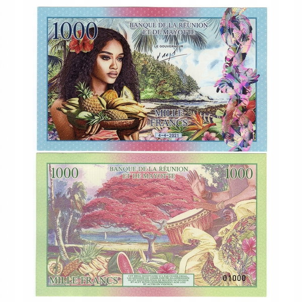 Kolekcjonerski Banknot 1000 Francs La Reunion et Mayotte UNC Prezent blik