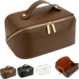 Elegancka pojemna kosmetyczka podróżna wodoodporna kuferek brąz złoto