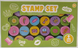 Zestaw stempli stempelki plastikowe pieczątki 26 sztuk GOOD VIBES LOVE