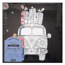 PŁÓTNO Z BROKATEM 29 x 29 CM W KOLORZE CZARNYM OBRAZ Z SAMOCHODEM CAMPER