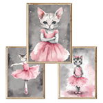 Zestaw 3 plakatów obrazków na ścianę Ballerina Cat A4