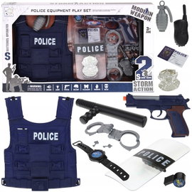 Zestaw Strój Policyjny Policjant Pistolet Kajdanki Kamizelka Akcesoria