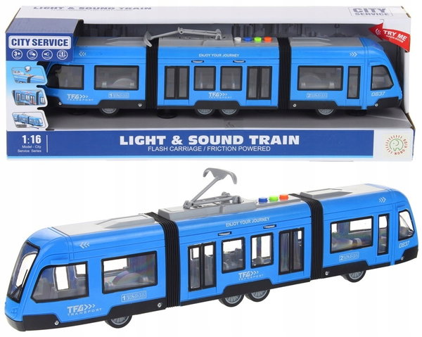 Tramwaj Przegubowy Niebieski Światło Dźwięk Drzwi Napęd Frykcyjny