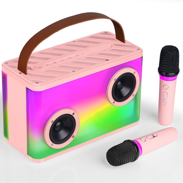 BONAOK Karaoke Zestaw Z 2 Mikrofonami Bluetooth Głośnik Światła Różowy