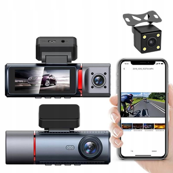 Kamera Samochodowa 3w1 HD 4K Przód Tył i Wnętrze GPS Wi-Fi Tryb Nocny