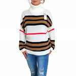 Hit Wygodny Modny Włoski Damski Oversize Sweter Golf W Paski Biały