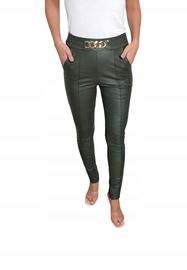 Legginsy Spodnie Lateksowe Z Eco Skóry Khaki Oliwka Z Łańcuszkiem L 40