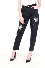 Hit Modne Spodnie Czarne Mom Jeans Ozdobione Cyrkoniami Serca M 38