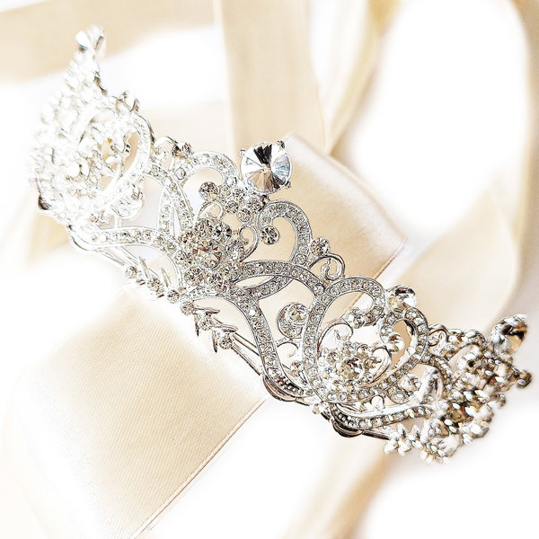 Diadem tiara korona srebrna ŚLUBNA elegancka wytworna klasyczna KSIĘŻNICZKA
