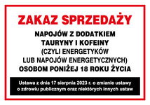 Zakaz sprzedaży napojów z dodatkiem tauryny tablica 250x175 płyta PCV znak