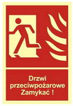 Drzwi przeciwpożarowe Zamykać! Kierunek drogi ewakuacyjnej w lewo 10 X 14,8