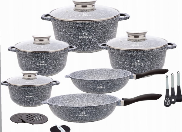 Garnki nieprzywierające szary marmurek ceramiczne 17 el