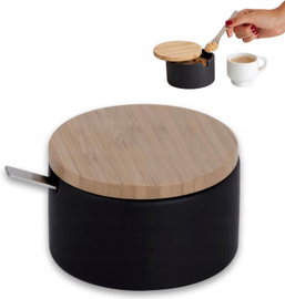 KOOK TIME Cukiernica Ceramiczna z Bambusową Pokrywką i Łyżeczką Czarna