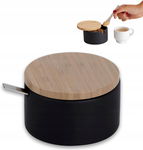 KOOK TIME Cukiernica Ceramiczna z Bambusową Pokrywką i Łyżeczką Czarna