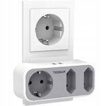 TESSAN Adapter Gniazda 5w1 z USB, 2x Euro + Schuko + 2xUSB 2,4A 3600W Szary