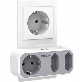 TESSAN Adapter Gniazda 5w1 z USB, 2x Euro + Schuko + 2xUSB 2,4A 3600W Szary
