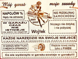 ZASADY GARAŻU DREWNIANA TABLICZKA GRAWEROWANE IMIĘ