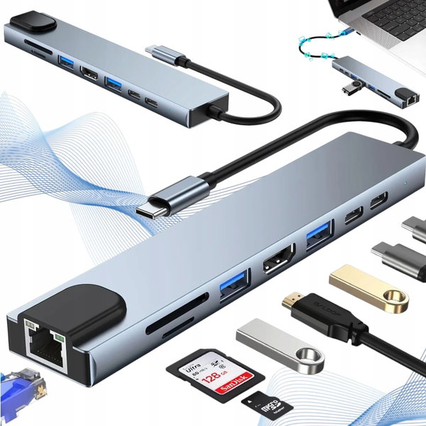 HUB ADAPTER UNIWERSALNY ROZDZIELACZ USB-C 8w1 CZYTNIK SD USB 3.0 AUDIO