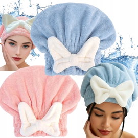 CZEPEK TURBAN DO SUSZENIA WŁOSÓW BŁĘKITNY Z KOKARDĄ MIĘKKI OSUSZANIE 3 SZT