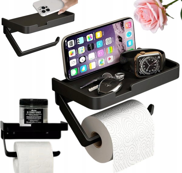 Uchwyt na Papier Toaletowy Wieszak WC Czarny Stalowy Metalowy Loft z Półką