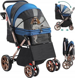 WÓZEK DLA PSA OBRACANA RĄCZKA SIATKA KOŁA 360° NIEBIESKI YITAHOME SKŁADANY