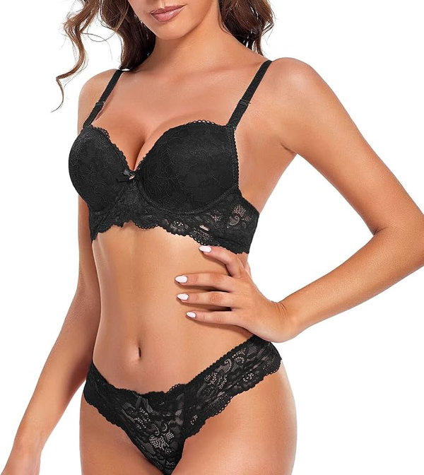 SHEKINI Koronkowy Zestaw Bielizny Biustonosz Push-Up 85B + Stringi Czarny