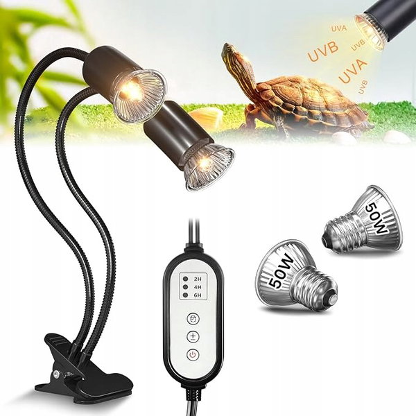 Lampa Grzewcza Podwójna Do Terrarium Timer + 2x Żarówka E27 50W