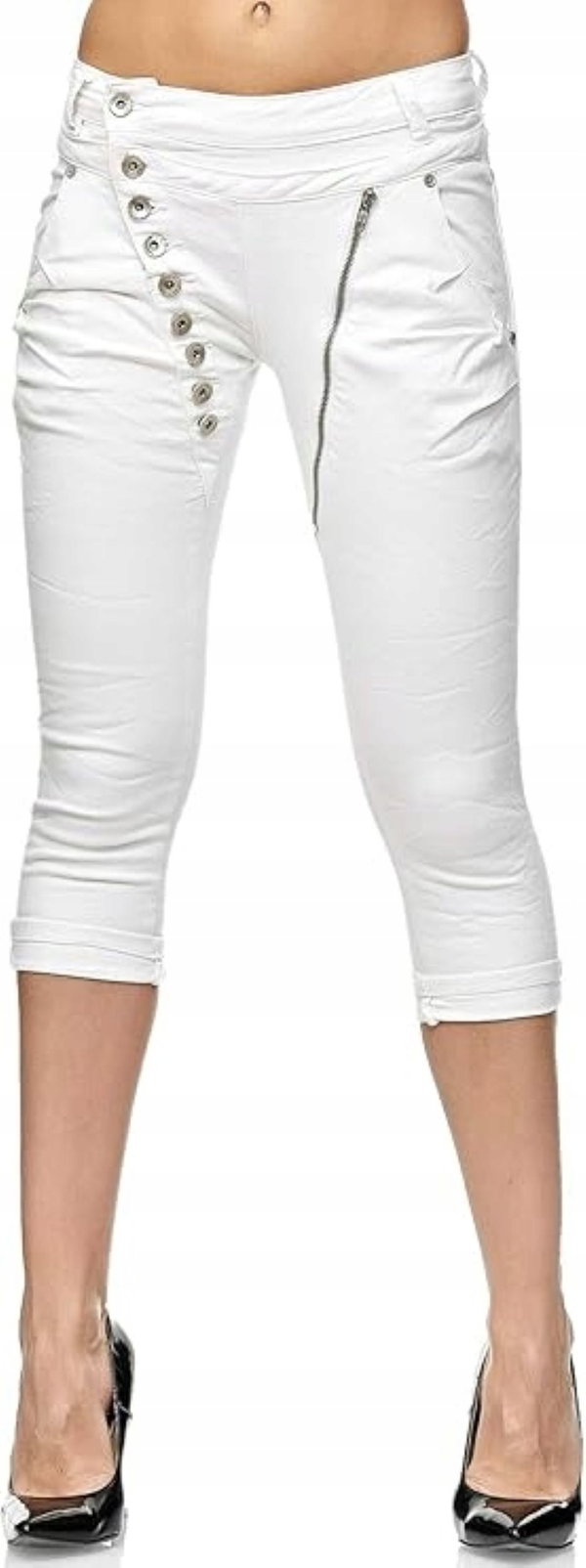 Damskie Białe Jeansy Capri 3/4 XL 44 Unikalne Guziki