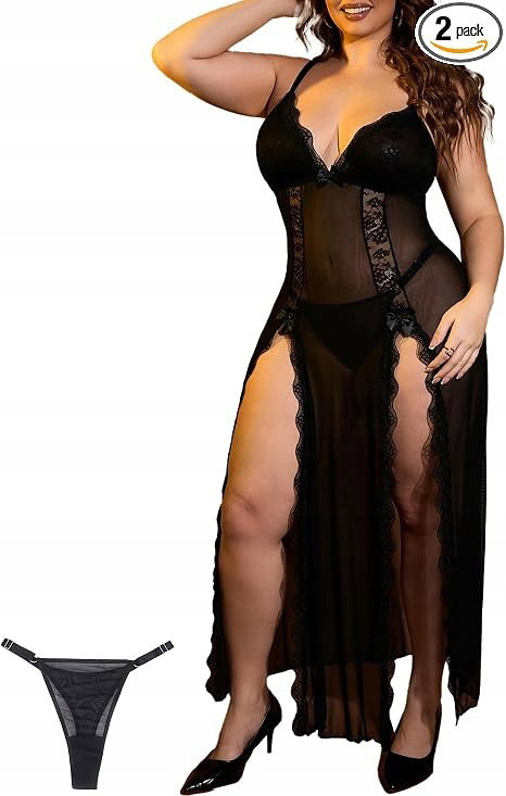 Seksowna Bielizna Babydoll Długa Koszula XXL Czarna