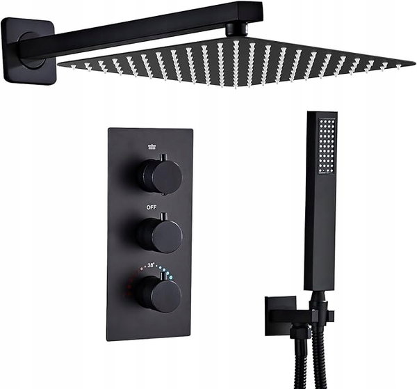 Zestaw Prysznicowy Podtynkowy Termostat Czarny Mat Deszczownica 25cm